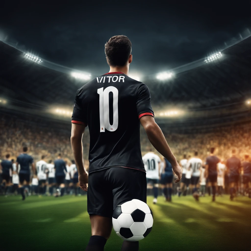 Football player from the back with a black shirt with the number 10 and the name vitor