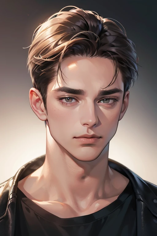 (Best quality,4K,8K,a high resolution,masterpiece:1.2),ultra detailed,(realistic,photorealistic,photo-realistic:1.37),39 year old man,Beautiful anime,portraits,strong,masculine,dark hair,Sharp jawline,Mesmerizing eyes,Perfectly styled hair,confident expression,bright colors,dynamic lighting,Brown eyes,(Black T-shirt),(dark skin),((mature man, man 40 years old)), (square jaw)