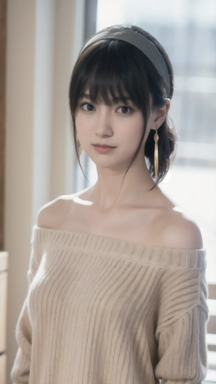 hight resolution、masterpiece、1girl in、Bjorf、A dark-haired、short hair with long locks、white hairband、Look up、Kamimei、bending forward、smile、Bring your face closer、Red Eyes、Gold Earrings、Jewelry、off shoulders、Red Sweater、long-sleeve, big breast.