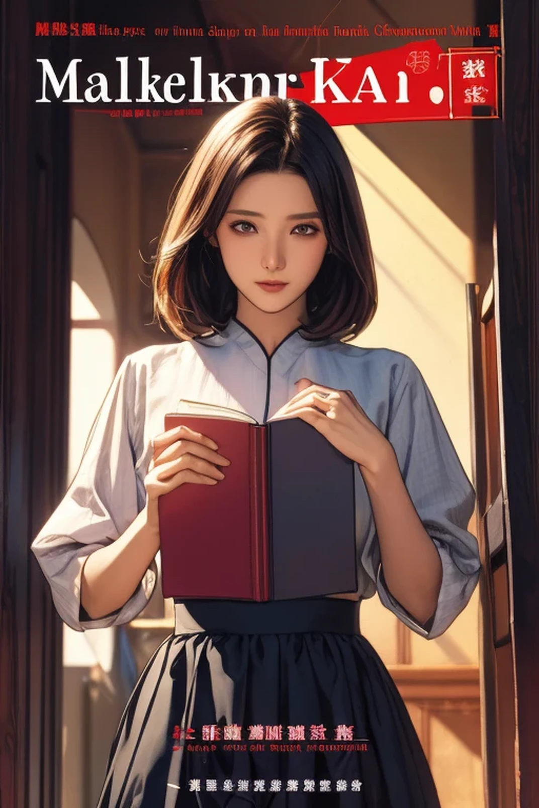 a girl stands near his mother with hold a mysterious book.show her mother in l.