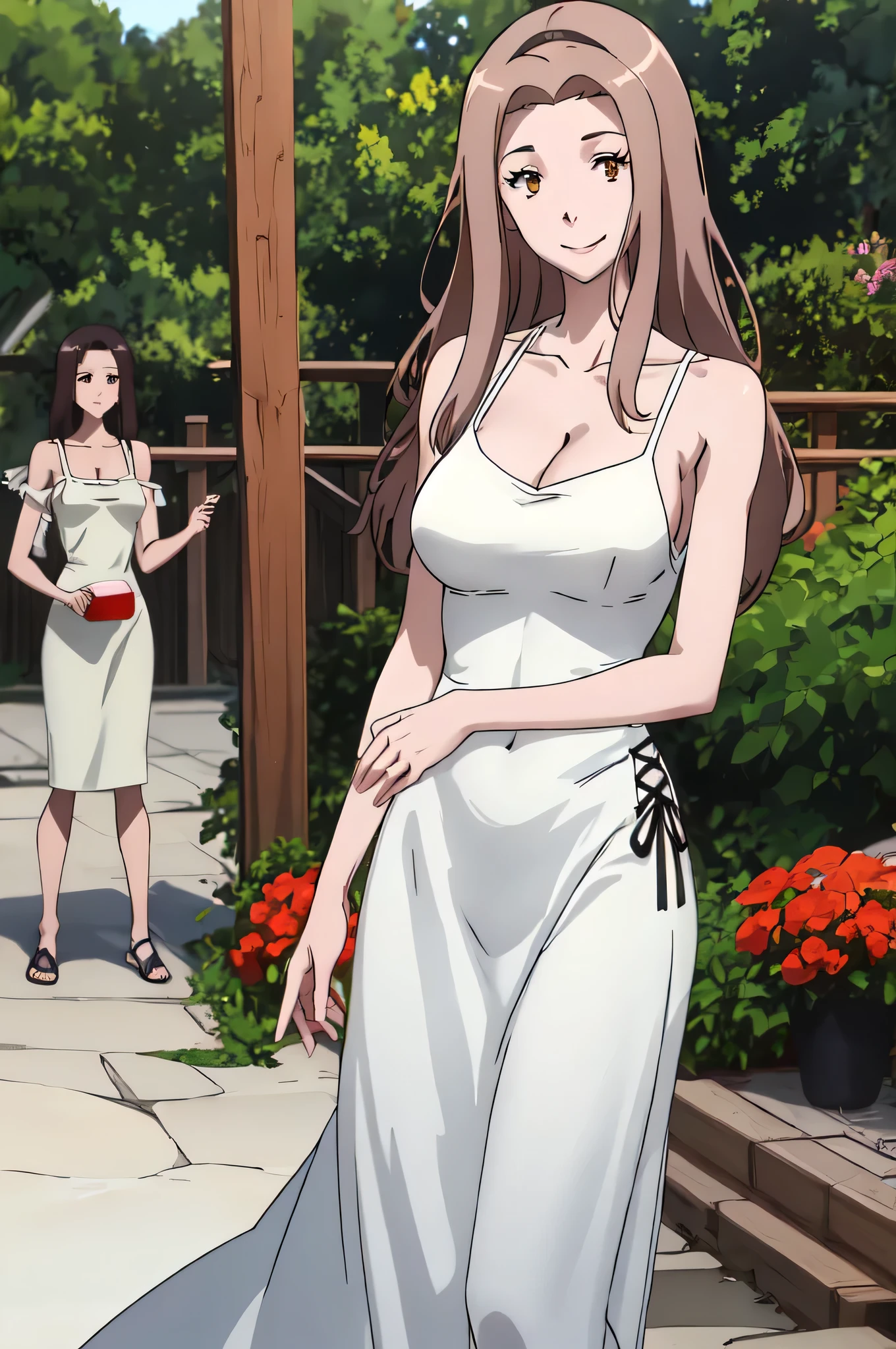 masterpiece、Highest quality、One woman、Anime Women、tachikawa mimi、solo、Brown Hair、Long Hair、Brown eyes、Big Breasts、cleavage、collarbone、A woman with very large breasts、yellow sundress、Toned body、garden、Tall Woman、Cowboy Shot、View your viewers、Female focus、smile