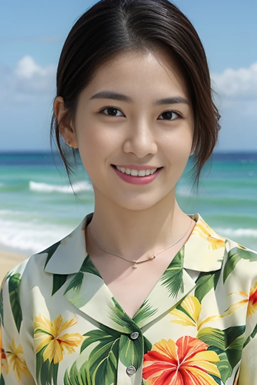 top-quality、​masterpiece、超A high resolution、女の子1人、Shorthair､Hibiscus print Aloha shirt､Being on the beach