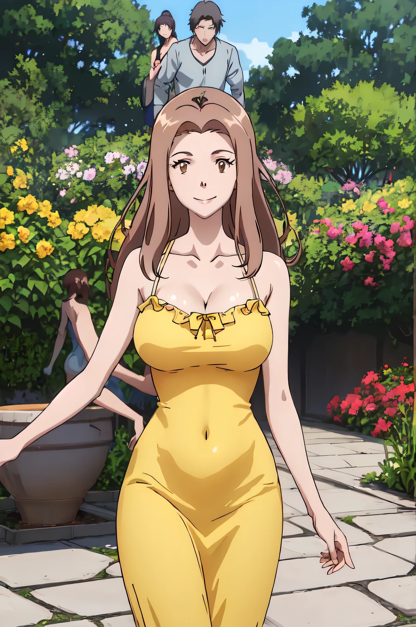 masterpiece、Highest quality、One woman、Anime Women、tachikawa mimi、solo、Brown Hair、Long Hair、Brown eyes、Big Breasts、cleavage、collarbone、A woman with very large breasts、yellow sundress、Toned body、garden、Tall Woman、Cowboy Shot、View your viewers、Female focus、smile