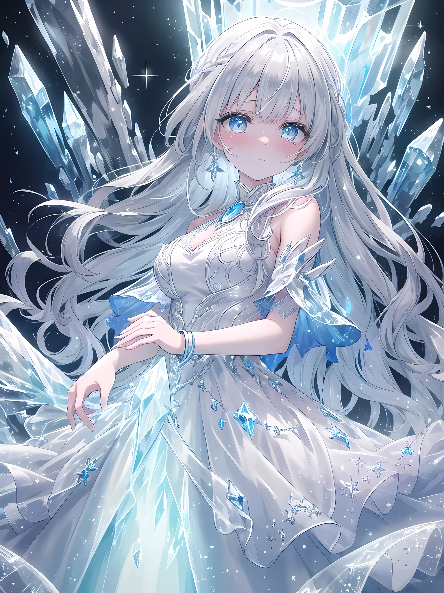 ((8k, best quality, master piece: 1.3)),super high resolution,(1 girl, solo), (colorshift eyes, hyperdetailed, expressive sparkling, glitter, glowing eyes), ultra detailed eyes, ultra-detailed face, random hair, ((silver gray color)),A silver-haired ice wizard girl is standing at the entrance to an ice castle wearing an ice dress embroidered with white and blue, with beautiful ice sculptures and sparkling ice walls in the background. The dress sparkles like ice crystals and emits a cold light. She waves her hands and holds back tears, her silver bracelets reflecting the ice light and sparkling. Magical light surrounds her, softly illuminating the ice sculptures. Her braided silver hair is illuminated by the ice light, and her translucent skin shines in the cold light. Her eyes are icy blue, and tears are rolling down her cheeks. Her sad gaze as she says goodbye to her friend is heartbreaking, and she is depicted as if she is one with the ice castle in the background.