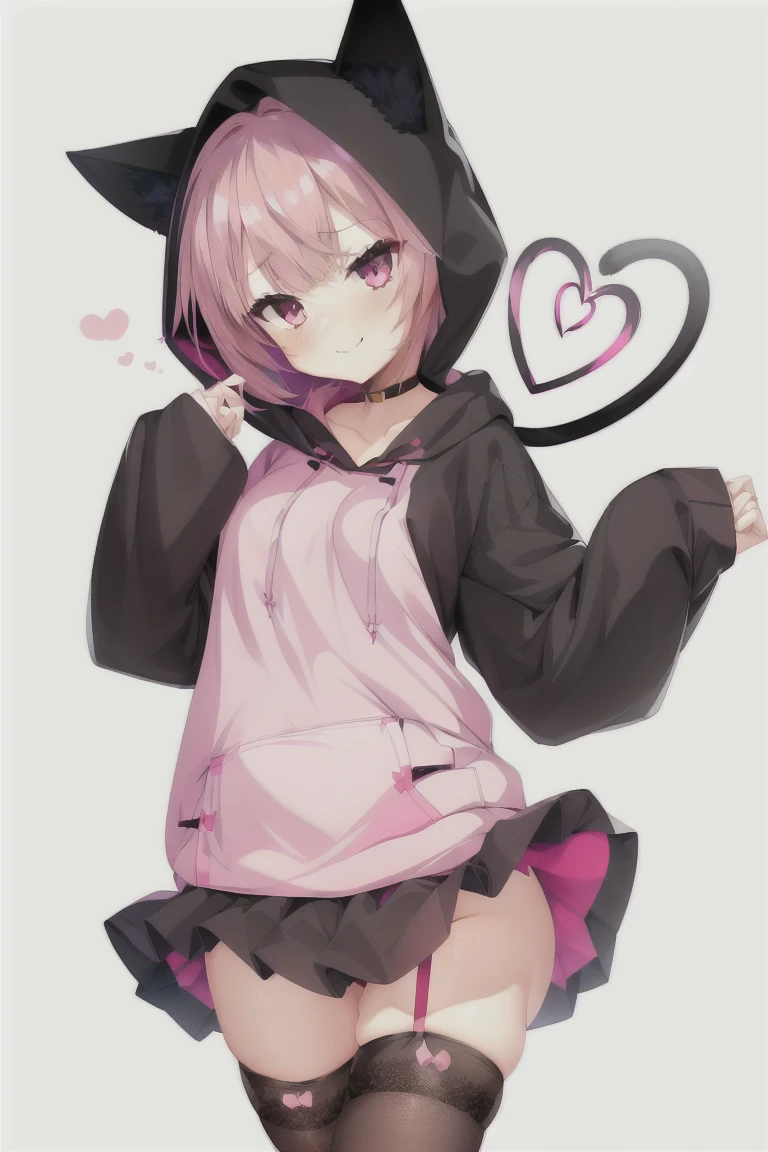 1girl,bangs,blunt_bangs,独奏,black_legwear,blush,white_background,animal_ears,heart,eyebrows_ass visible_through_hair,short_hair,smile,looking_at_viewer,thighhighs,long_sleeves,medium_hair,standing,cat_ears,full_body,bow,pink_eyes,pink_hair,collarbone,hood,:3,red_bow,animal_hood,hood_up,hoodie,(black_hoodie:1.4),closed_mouth,fake_animal_ears,phi_shoes,sleeves_past_wrists,sleeves_past_fingers,black_cat_hood,animal_ear_legwear,black_thighhighs,cat_ear_legwear,expensive_solve, clear_image, expensive_Contrast, 8k, Sparkling, beautiful_detailed_face_and_eye, (Pink Hair:1.25), 白 eye,White background,White background