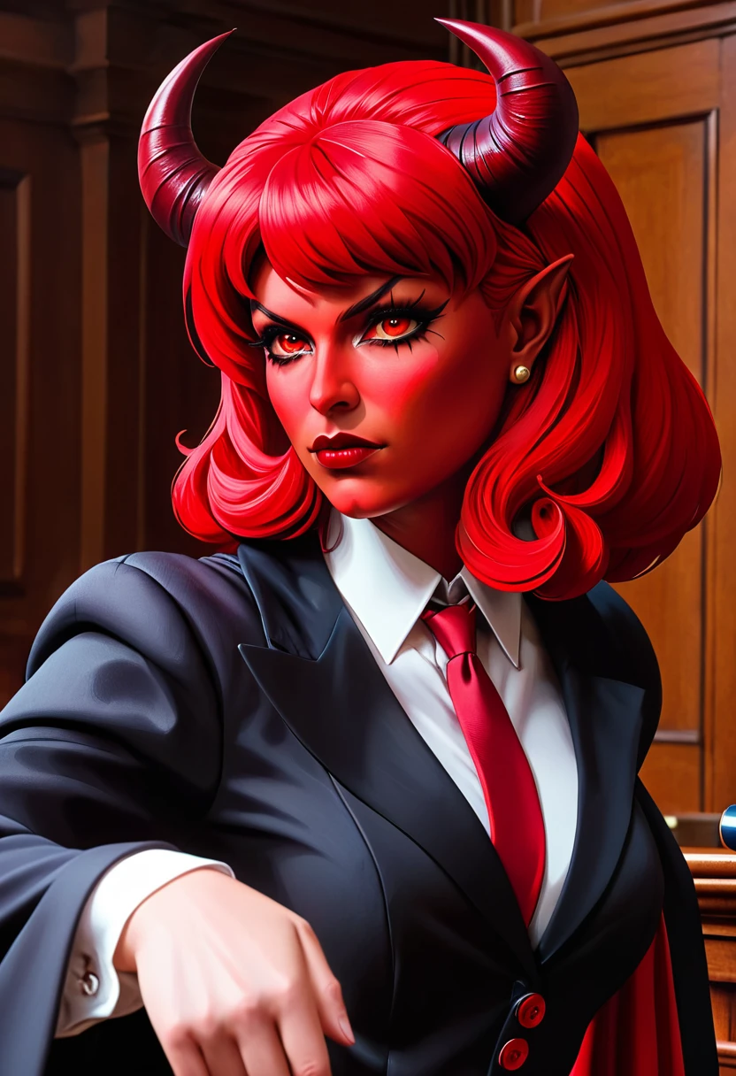 a picture of a female devil wearing barrister's wig and cloak in courtroom, a devilishly beautiful devil, ((anatomically correct: 1.5), (ultra detailed face: 1.2), best detailed face, (red skin: 1.3), two black horns, wearing white button shirt, red tie, English barrister's wig, vibrant, Hyperrealism style, vibrant, Ultra-high resolution, High Contrast, (masterpiece:1.5), highest quality, Best aesthetics), best details, best quality, highres, ultra wide angle, 16k, [ultra detailed], masterpiece, best quality, (extremely detailed) RAW,  photograph, Hyperrealism style