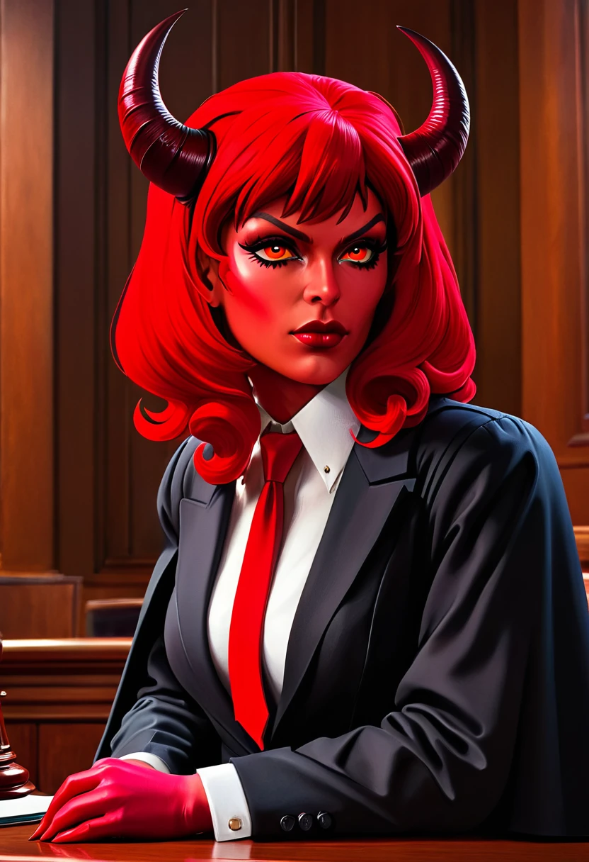 a picture of a female devil wearing barrister's wig and cloak in courtroom, a devilishly beautiful devil, ((anatomically correct: 1.5), (ultra detailed face: 1.2), best detailed face, (red skin: 1.3), two black horns, wearing white button shirt, red tie, English barrister's wig, vibrant, Hyperrealism style, vibrant, Ultra-high resolution, High Contrast, (masterpiece:1.5), highest quality, Best aesthetics), best details, best quality, highres, ultra wide angle, 16k, [ultra detailed], masterpiece, best quality, (extremely detailed) RAW,  photograph, Hyperrealism style