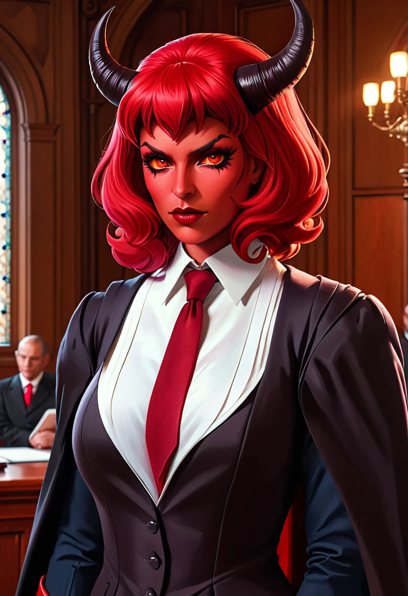 a picture of a female devil wearing barrister's wig and cloak in courtroom, a devilishly beautiful devil, ((full body shot: 1.5)) ((anatomically correct: 1.5), (ultra detailed face: 1.2), best detailed face, (red skin: 1.3), two black horns, wearing white button shirt, red tie, English barrister's wig, courtroom background, vibrant, Hyperrealism style, vibrant, Ultra-high resolution, High Contrast, (masterpiece:1.5), highest quality, Best aesthetics), best details, best quality, highres, ultra wide angle, 16k, [ultra detailed], masterpiece, best quality, (extremely detailed) RAW, photograph, Hyperrealism style, demonmawAI
