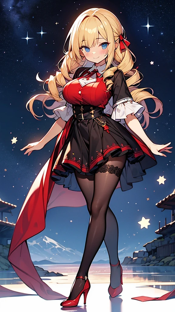 Amazing volume of blonde hair、Long drill hair、Big Breasts、Red evening miniskirt、Dark black pantyhose、Red High Heels、Holding a fan 、smile, hyper cute girl,starry night sky,breasts clothes,silhouette,White blouse with ruffles,red ribbon,