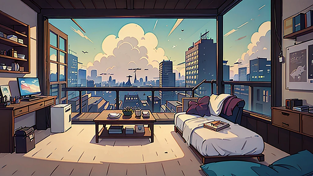 (masterpiece:1.2), Highest quality,Pixiv,Pleasant animation scenes,
scenery, cityscape, city, nullscraper, building, window, cloud, null, food, indoor, computer, Book, bed, table, clock, pillow, No humans, Chair, cake, monitor, cup, dish, nullline, Lie in
 