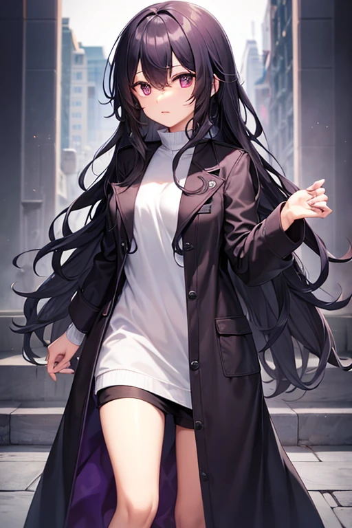  linda, with long coat, black and wavy hair, purples eyes, pretty, 