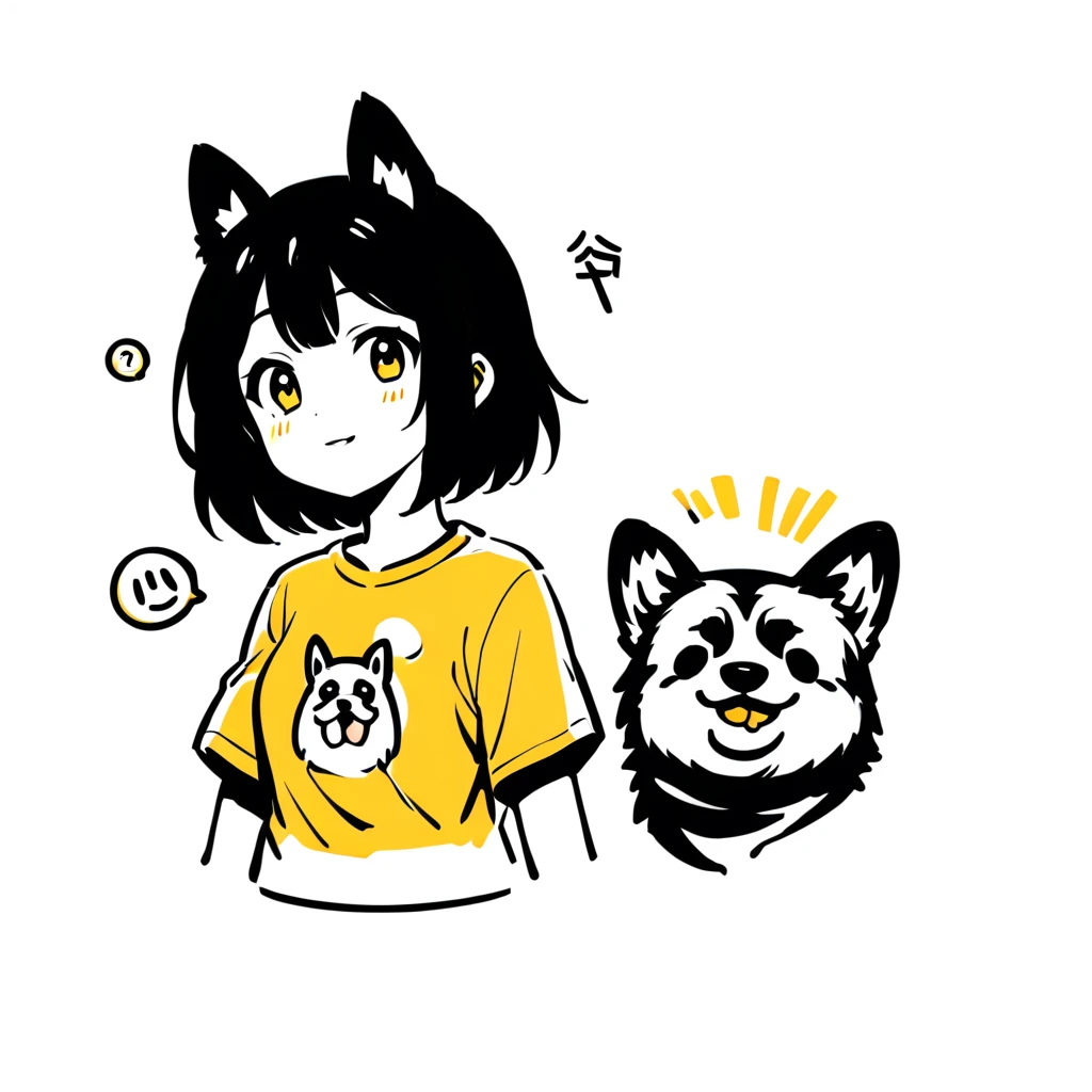 Tshirt_Design_Concept of a American Akita Dog, friendly smile, yellow theme, monochrome, beautiful illustrations on white background, no text, 