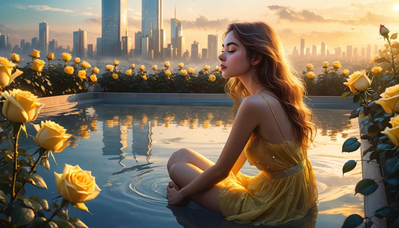 Extensive illustration in a realistic style, Two worlds are connected in one picture: In the foreground I see the most surreal and breathtaking place on earth, A young woman is sitting very beautifully in a huge rose garden, A young woman is sitting over a rose by the pool, the rose glows with a bright yellow light, a beautiful reflection in the water, A young woman is looking at a bright yellow rose, amazing nature around, A young woman is tired of the bustle of the city, she is resting in a huge space of roses and nature, the time of day is early morning, sparks of magic are flying in the air. In the background on the horizon is a modern metropolis with alien high-rise buildings,, high-rise buildings, bustle and flying cars, smog, fog and sadness over the city, cinematic, dreamy, ethereal, ultra-detailed, Strong contrast, Good depth of field, 8K wallpaper, Masterpiece, Aesthetic illustration in realistic style, Bioliminality, lots of yellow and gold