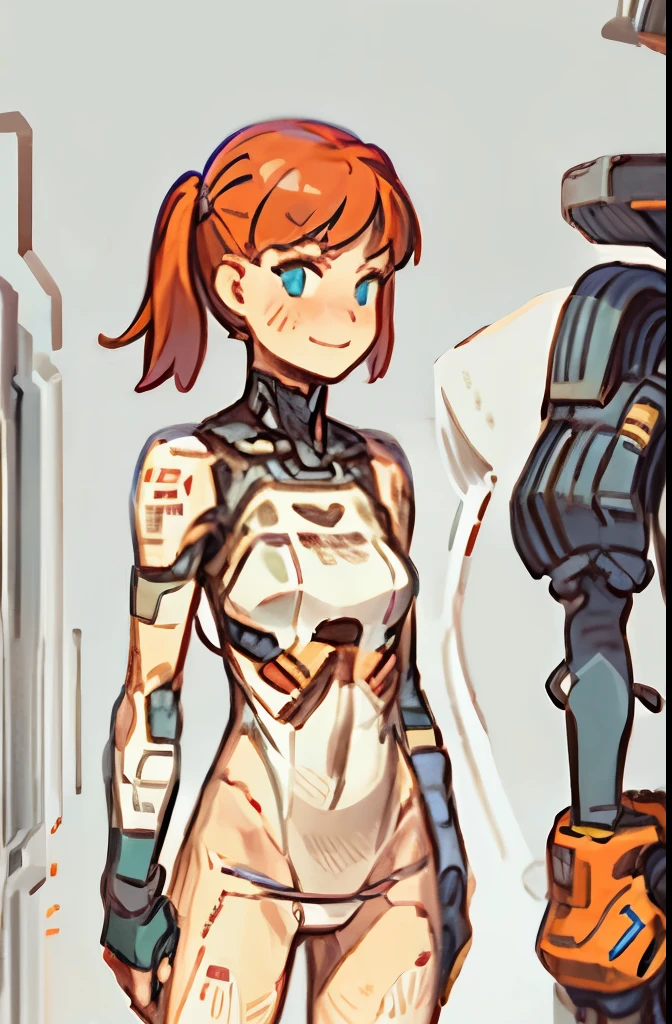 A Female mature robot loves herself. she wears nothing. Her Brown very short pigtails is tied with two big red clothespins, mature, android, blue eyes, full body, Height: 160cm, flushed cheeks, sweat bucket. full body shot, looking straight. Her smile is complete.show White pantie, Looking at the audience, kissing to the audience.