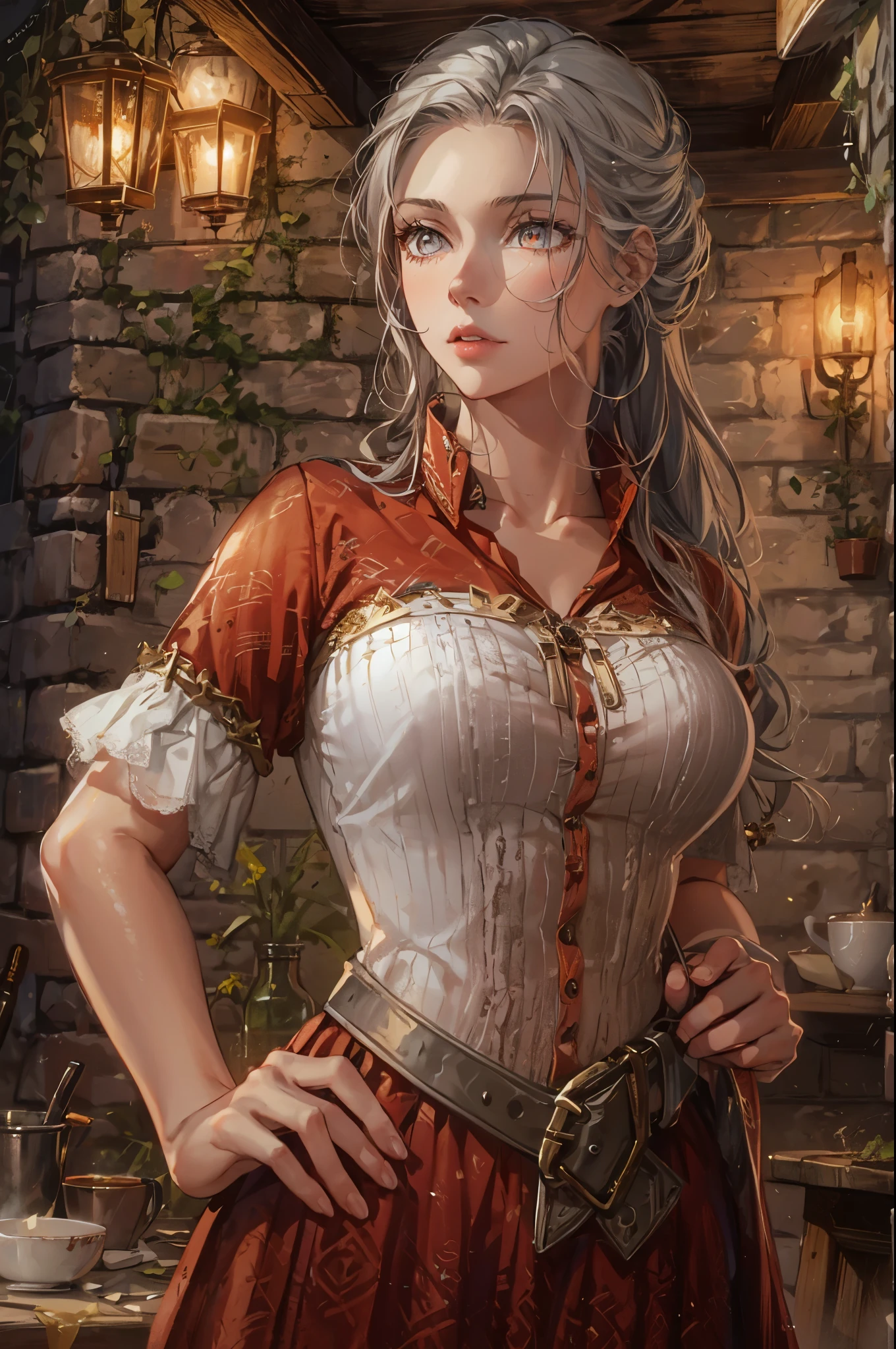 1girl, solo, mature woman, [white shirt top: red dress under], simple pattern clothing, long curvy messy hair, silver hair, glowing ruby colored eyes, ((beautiful face)), detailed face, detailed eyes, perfect anatomy, collar bone, (off shoulder), (bare neck), leather high boots, secluded old tavern, stone wall, wooden floor, dawning lighting, POV, medieval theme, pretty lips, (gentle welcoming), waitress, illustration, 8k, super details, award winning, high res