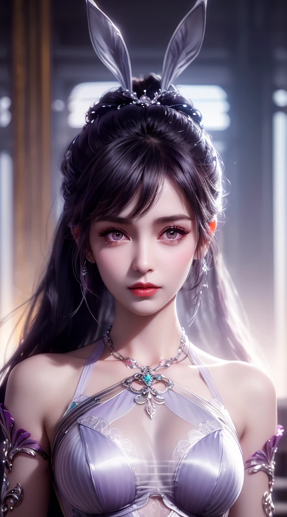 1 beautiful girl in Han costume, thin purple silk shirt with white color with many textures, white lace top, long platinum purple ponytail, hair jewelry, ear jewelry, light purple rabbit ears, necklace and necklace, meticulously drawn large purple eyes, meticulous makeup, thin eyebrows, high nose, lovely red lips, not smiling, pursed lips, rosy cheeks, wide breasts, big breasts , well-proportioned bust, slim waist, purple mesh socks, chinese hanfu style, fictitious art textures, vivid and realistic colors, RAW photos, realistic photos, ultra high quality 8k surreal photos, (effective fantasy light effect: 1.8), 10x pixel, magic effect (background): 1.8), super detailed eyes, girl body portrait, ancient hanfu background,