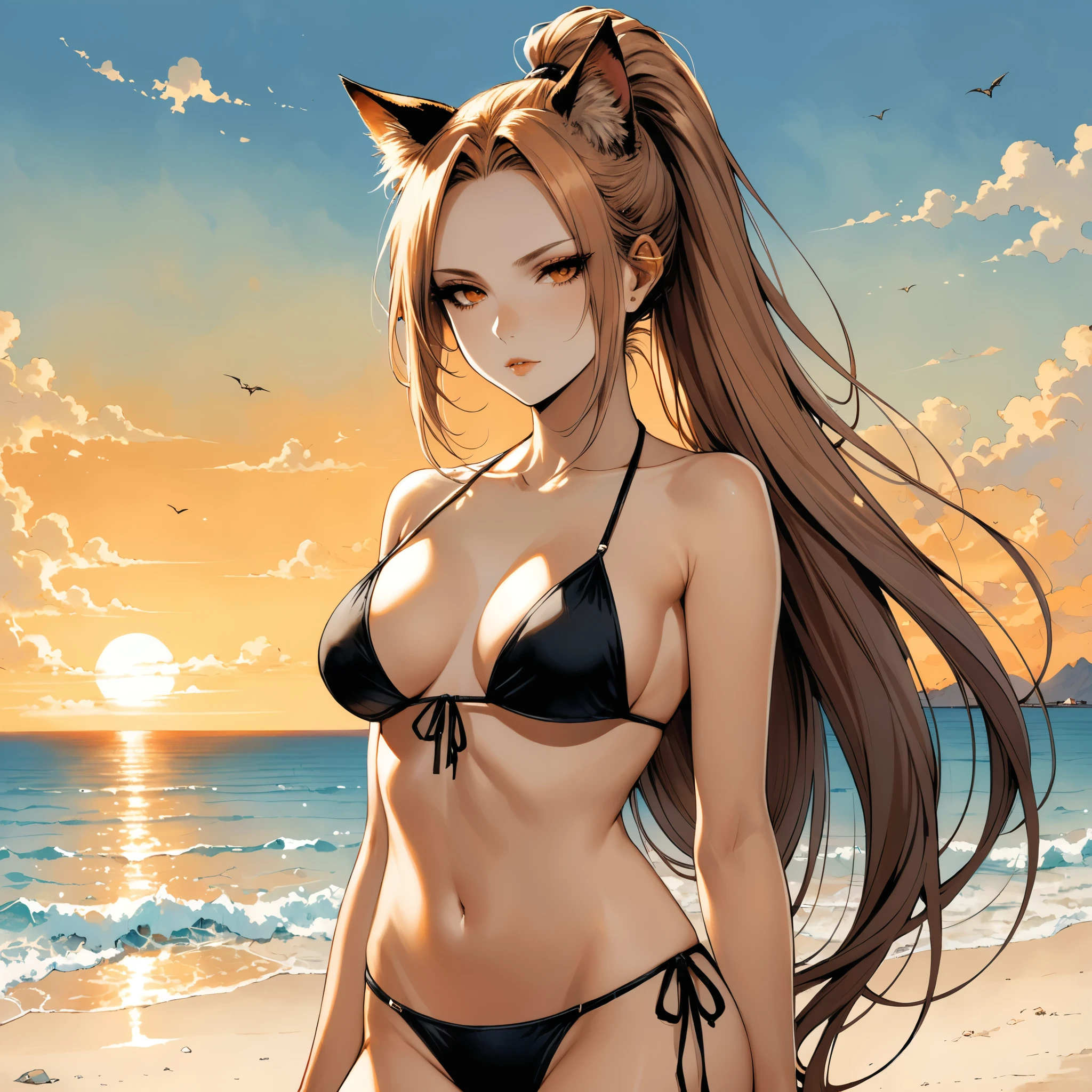 in style of Santiago Caruso,in style of Mike Azevedo,1girl,Bikini,Cat ear,High Ponytail,Unbelievably long hair,cowboy shot,,looking at viewer,Sunburn,