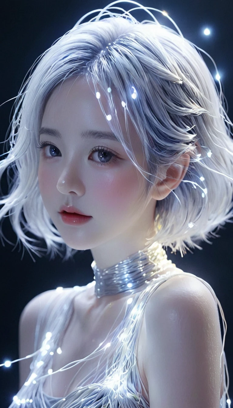 bail_particle,bail_Wire,光Wire,光particle,A girl made of particle,The density of Wire at the finger part is high,(White hair:0.3),
