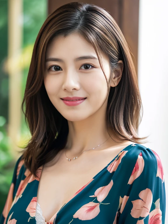 (Raw Photo), (Photorealsitic), (Masterpiece), (Best Quality), High Resolution, 8K, (Intricate Details), (Voluminous Light), Portrait, Female, 35 Years Old, Medium Hair, middle breasts cleavage, layered hair, brown hair, very fine eyes, source order, very fine eyebrows, very fine skin, very fine mouth, very fine nose, cute like an idol, happy smile, (thick lips), (looking at the viewer), (sexy elegant colorful blouse), (full body shot),