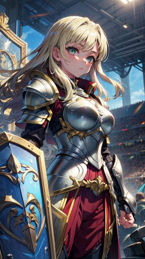 Anime girl in heavy armor, Beautiful blonde hair, Beautiful emerald eyes, Long hair, waist-length hair, Black underwear, Medium breasts, ((Five-fingered hands)), fantasy, Outdoors, sports arena, cavalier, Holding, holding shield, (((15 years old))), Solo, Girl, Girl, ((Full armor)), ((Heavy armor))