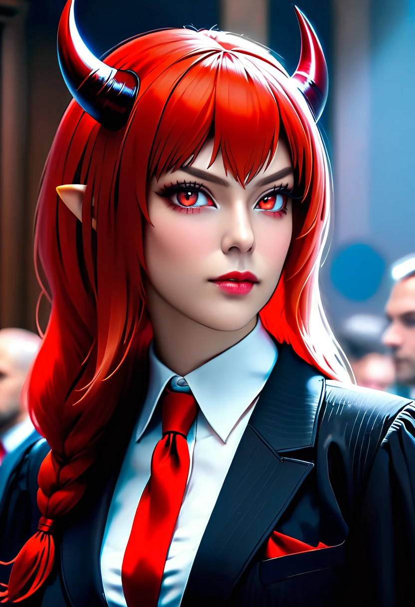 a picture of a female devil wearing barrister's wig and cloak in courtroom, a devilishly beautiful devil, ((anatomically correct: 1.5), (ultra detailed face: 1.2), best detailed face, (red skin: 1.3), two black horns, wearing white button shirt, red tie, English barrister's wig, courtroom background, vibrant, Hyperrealism style, vibrant, Ultra-high resolution, High Contrast, (masterpiece:1.5), highest quality, Best aesthetics), best details, best quality, highres, ultra wide angle, 16k, [ultra detailed], masterpiece, best quality, (extremely detailed) RAW, photograph, Hyperrealism style, demonmawAI