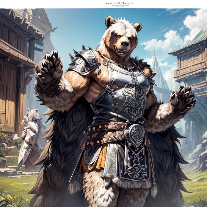 (absurdres, masterpiece, best high quality image epic artwork, high fantasy genre, carefully detailed image, carefully detailed textures, animalistic characters, fantasy animal artwork, anthropomorphic, real animal features, solo animal character, multiple views)
{{(1anthropomorphic-animal: 60 years old male brown fur Grizzly Bear scout:) ((big rounded bear head, green bear eyes, black nose, rounded bear ears, bear neck, bear open mouth with sharp teeth and sharp fangs), (Hulking grizzly bear body, grizzly bear arms, grizzly bear hands with five fingers and grey sharp claws), (muscular grizzly bear legs, grizzly bear feet, five grizzly bear fingers with grey sharp claws)), ((bulky silver shoulder plates, black spikes around shoulder plates, silver cuirass, silver hip armor, silver celtic belt), (long silver war hammer with black spikes)), (serious grizzly bear face, imponent grizzly bear warrior pose, grizzly bear calmed demeanor, passive aggressive demeanor), (ancient germanic tribe styled village, green grass, wooden tents, morning sky, sun rising in the sky))}}