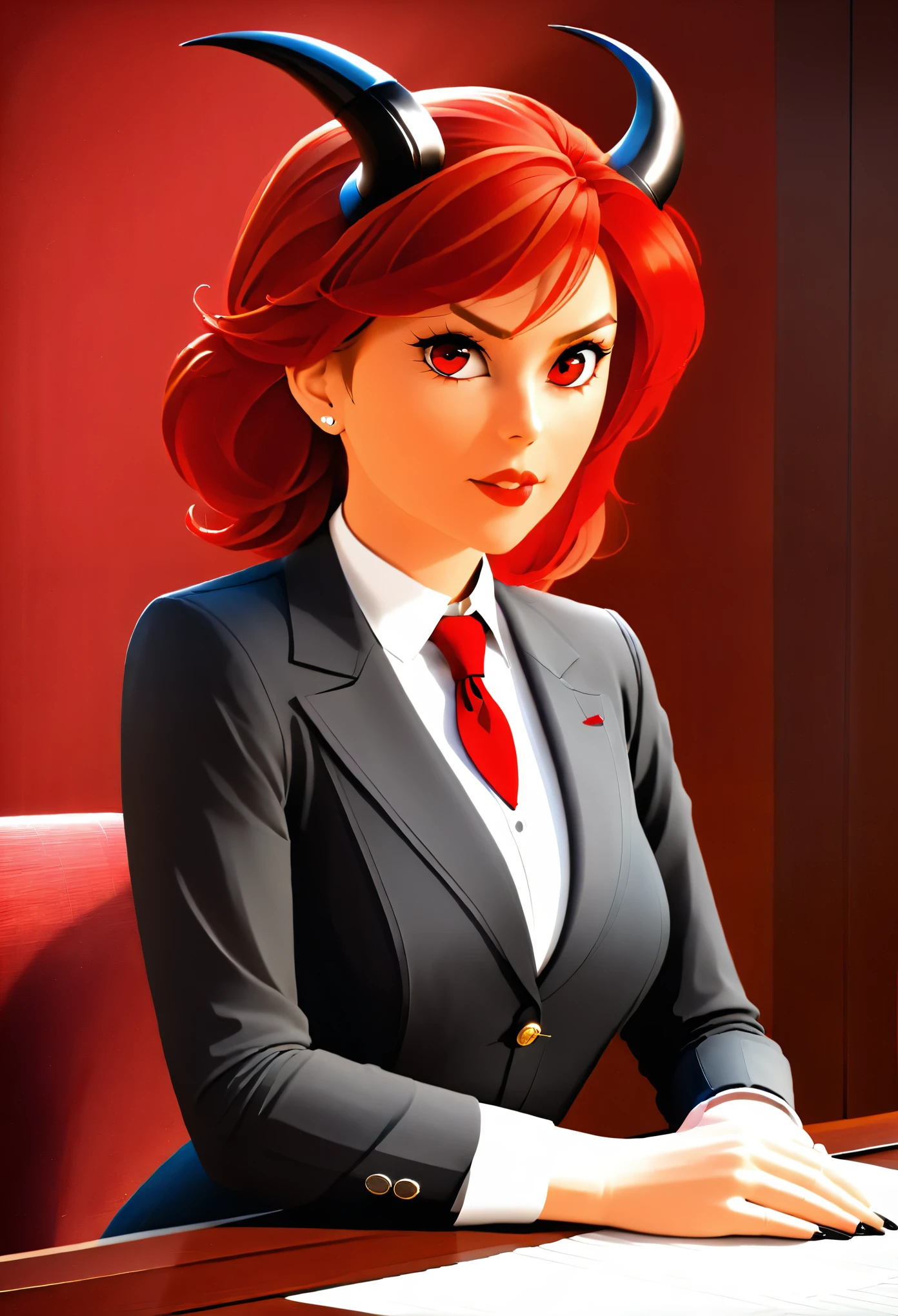 a picture of a female devil wearing barrister's wig and cloak in courtroom, a devilishly beautiful devil, ((anatomically correct: 1.5), (ultra detailed face: 1.2), best detailed face, (red skin: 1.3), two black horns, wearing white button shirt, red tie, English barrister's wig, vibrant, Hyperrealism style, vibrant, Ultra-high resolution, High Contrast, (masterpiece:1.5), highest quality, Best aesthetics), best details, best quality, highres, ultra wide angle, 16k, [ultra detailed], masterpiece, best quality, (extremely detailed) RAW,  photograph, Hyperrealism style