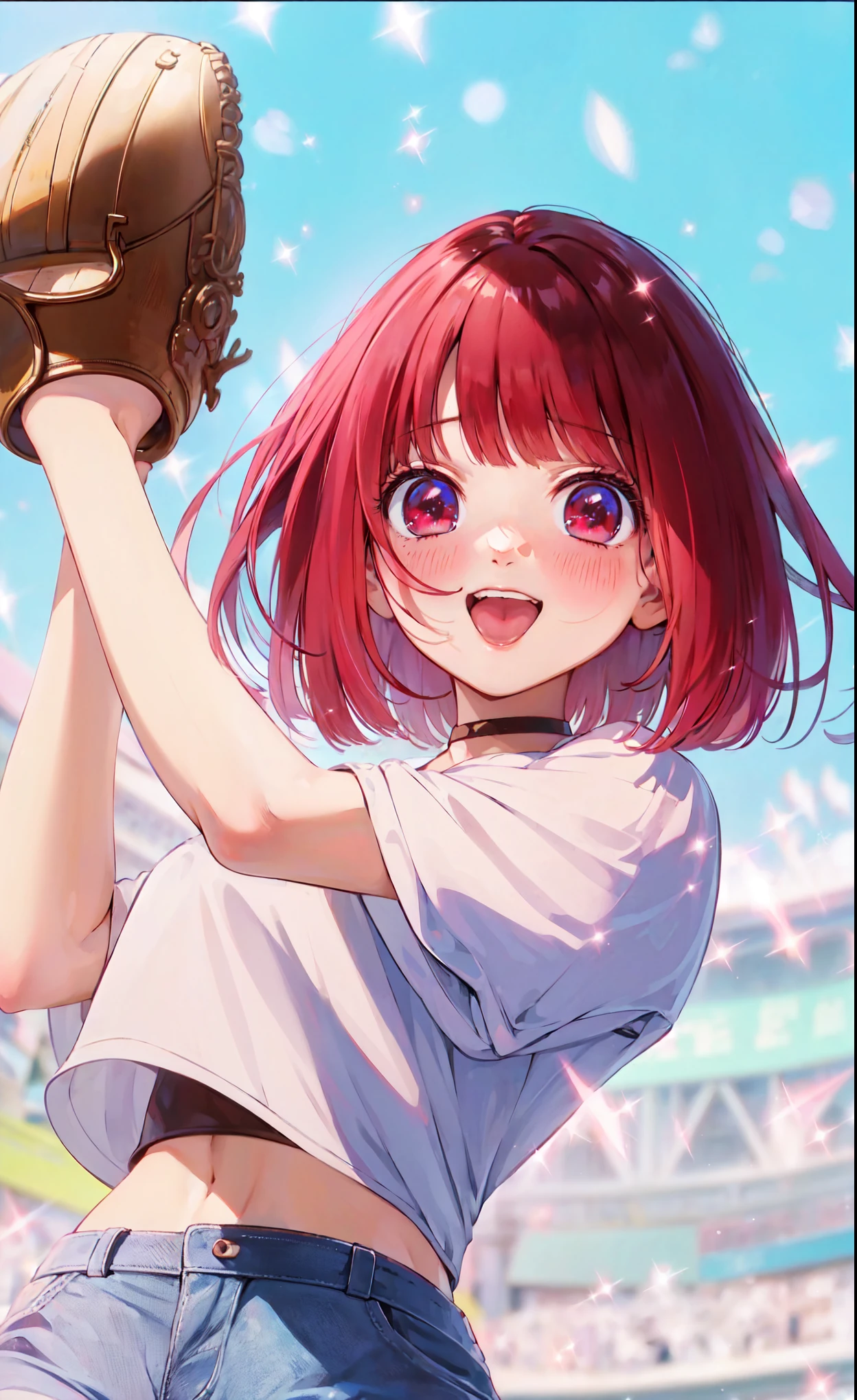 Best quality, masterpiece, ultra high res, (photorealistic:1.4), raw photo, 1girl, white wimsuit, sea, glowing skin, light smile, arima kana, red short hair, red eyes