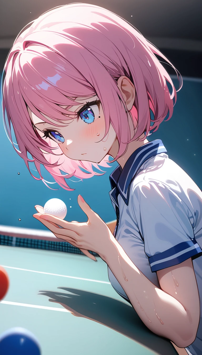 (1 girl),(Best Picture Quality, 8K, Masterpiece:1.3), (high school student:1.5), ((pink lob hair:1.1)), (bob cut),(swept bangs), (cute eyes, pupil black, iris skyblue, youthful face), (mole under right eye), (standard weight), (small breasts),(big hip), (glistening skin:1.2),(pale skin:1.2),(serious:1.3), (play table tennis:1.2), (table tennis racket), (table tennis uniform),(small Ping pong white ball in the palm of your hand),(Uplifting),(sweat:1.1),(magnificent view), ((looking ahead:1.3), ((from side:1.3)).