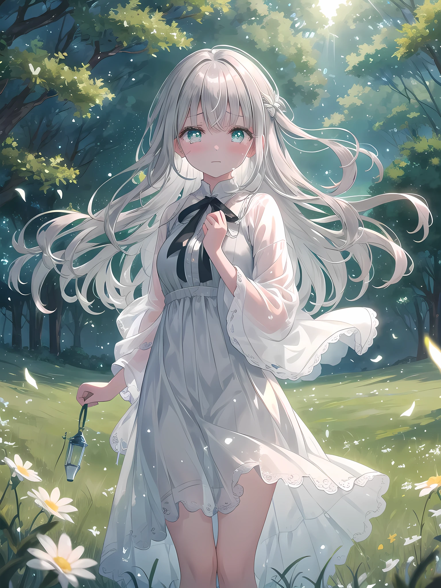 ((8k, best quality, master piece: 1.3)),super high resolution,(1 girl, solo), (colorshift eyes, hyperdetailed, expressive sparkling, glitter, glowing eyes), ultra detailed eyes, ultra-detailed face, random hair, ((silver gray color)),At the entrance to the magical grassland, a silver-haired spirit user girl wears a linen dress embroidered with green and white, with a vast grassland and floating spirits in the background. The dress flutters in the wind, soft as if it is one with the grassland. She holds back tears as she waves to the spirits, her silver ring shining in the sunlight. Magical light surrounds her, resonating with the spirits. Her long wavy silver hair dances in the wind, and her shiny, translucent skin shines in the sunlight. Her eyes are shining green, and tears are rolling down her cheeks. Her sad gaze as she says goodbye to her friend is heartbreaking, and she is depicted in harmony with the grassland in the background.