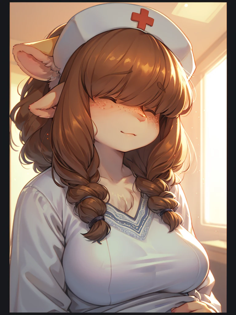 (Sumilux f1.4 50mm , low Latitude old color negative film , cross process , bokeh, flare, chromatic aberration , soft focus, (Shallow focus) , soft glow , Maximum aperture, High Key , Transparent depiction) , closeup face , sheep mom nurse , (Woolly hair over eyes) , (Freckles:0.8) , in the hospital , Nursing uniform , portrait photo , 2 melons