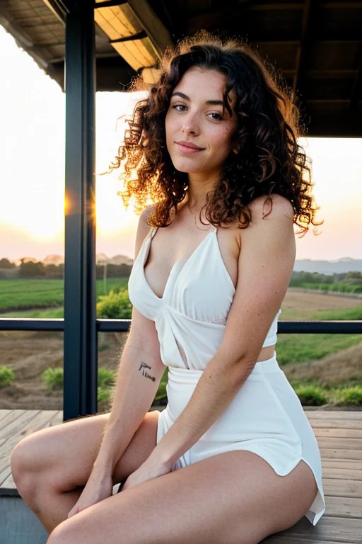  brunette with curly hair height 1.65 she sitting on a balcony at sunset on a farm with a very natural landscape not blurred on a sunny morning 


