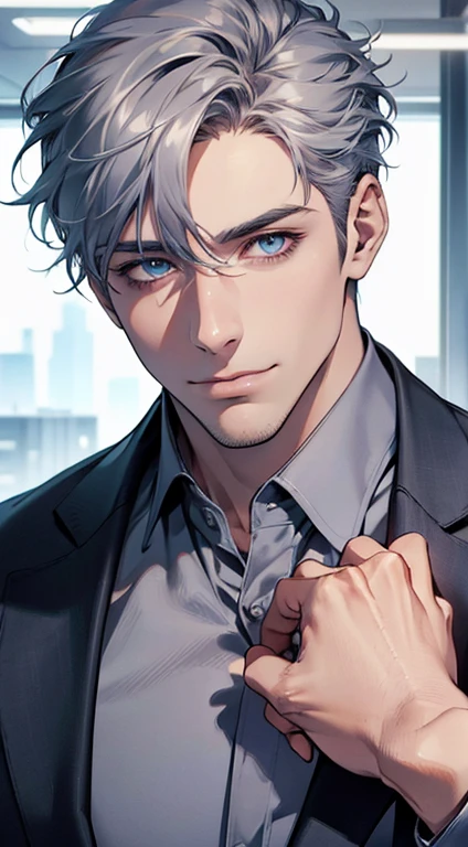 (best quality,4k,8k,highres,masterpiece:1.2),ultra-detailed,(realistic,photorealistic,photo-realistic:1.37),1 man,31 years old,mature man,very handsome,without expression,smile,short grey blue hair,blue eyes,penetrating gaze,perfect face without errors,imposing posture,businessman,office background,cinematic lighting,hdr image