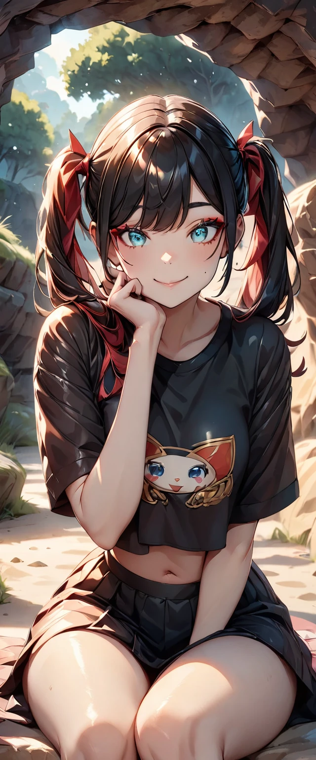 Photo of a girl with natural skin, ((Baby Face)), Smiling, ((Sitting, Leaning forward, Cheek resting on hand)), From the side, Round face, A girl wearing mainly black and red, ((Upper Body)), Beach cave, The light is shining in, High Twintails, Black hair with red mesh, Sharp eyes with red eyeshadow, Blue-green eyes, Shining eyes, A thin, upturned nose, Well-shaped lips, ((crop top overhang, Short sleeve, Black clothes, Thighs, Glamour body)), Makeup, Exquisitely crafted with the utmost attention to detail, Vibrant, amazing, Smooth, Cinematic, 4K, Backlight, (()), Shallow depth of field, ((Detailed eyes:1.3, Detailed lips:1.3, high quality, )), masterpiece, Super detailed images, High quality