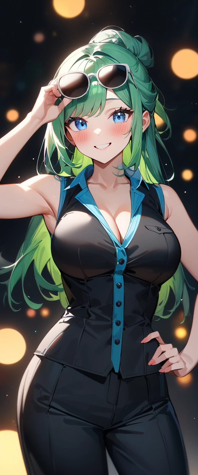 (((One Girl))),t, (Cowboy Shot), ((sunglasses, hand to sunglasses)), (View your viewers), Focus on the face, ager, Tilt your head:1.3, (((Blue eyes))), ((Smile)), ((blush)), Contrasting, Place one hand on hip, (((Exposed clothing))), School summer clothes, (((Open collar))), White shirt, ((Formal clothing)), skirt, Black vest, Anime Style, (Highest quality, 4K, 8k, High resolution, masterpiece:1.2, Super detailed, Super detailed eyes, High resolution, 超High resolution, Studio Lighting, Ultra-fine painting, Sharp focus, Physically Based Rendering, Very detailed explanation, Professional, Vibrant colors, bokeh), Beautifully shaped breasts with tension, Green Eyes, Moonlight、moonlight、Brush your hair up、、,The whole body from head to toe、Proud expression、Older sister、Emotionally rich facial expressions、(Flying in the air)、、Sleeveless shirt、Girl with long green hair,Inner color and white hair,、Long pants with slits、Beauty under the moon