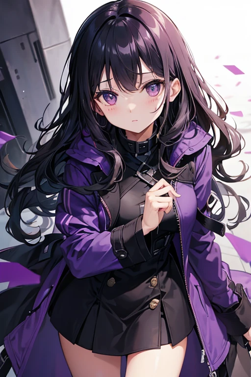  linda, open coat, black and wavy hair, purples eyes, pretty, 