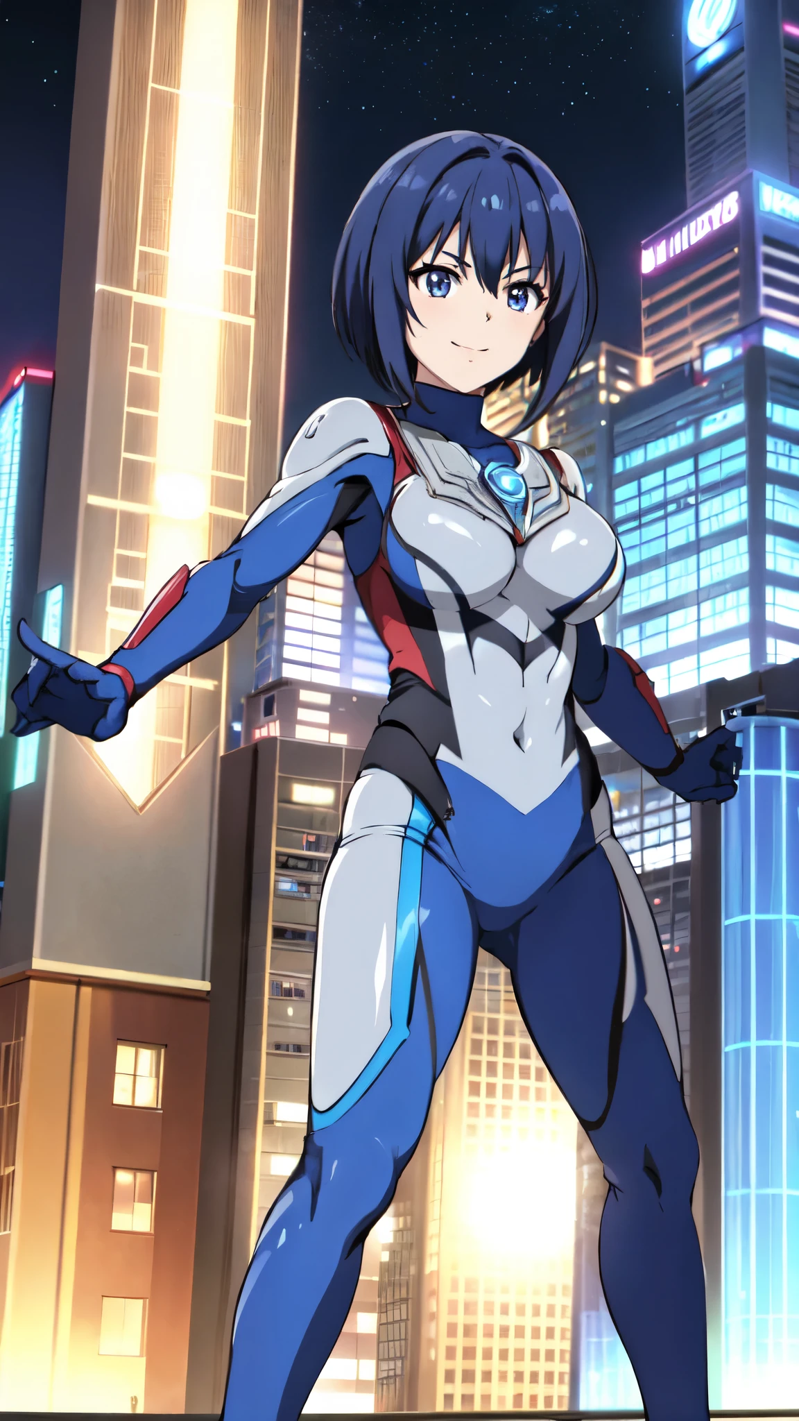 michirutojo, masterpiece, View your audience,
Blue Hair, Cowboy Shot、Combat Stance、Ultraman bodysuit、Large Breasts、Hero Suit,Tight suit,smile、(building:1.2)、Night view