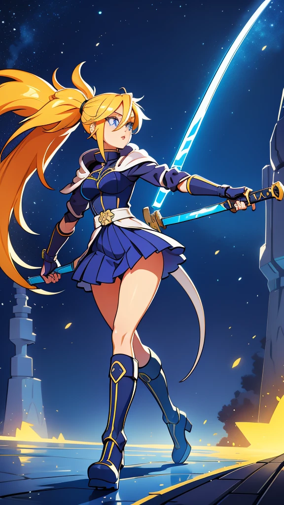 1 girl, ultra long hair, ultra detailed face, glowing lips, glowing blue eyes, very long ponytail, elegant walk, catwalk, holding down a  giant katana, blonde, long eyelashes, long boots , looking to the sky, starry sky, a ultra giant katana 