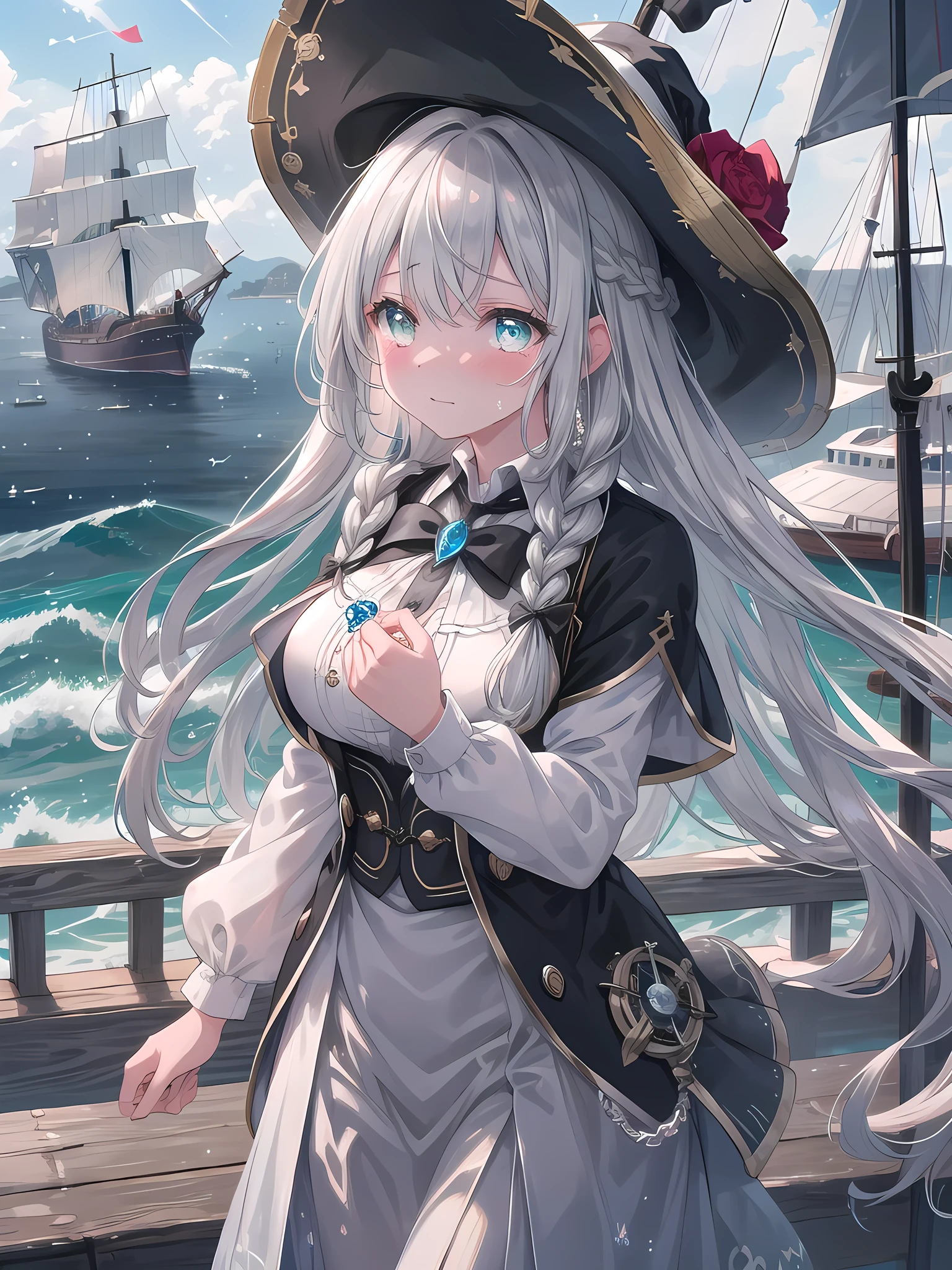 ((8k, best quality, master piece: 1.3)),super high resolution,(1 girl, solo), (colorshift eyes, hyperdetailed, expressive sparkling, glitter, glowing eyes), ultra detailed eyes, ultra-detailed face, random hair, ((silver gray color))A silver-haired pirate girl is wearing a red and black embroidered pirate outfit on the pier of a magical harbor, with sailing ships and a magical sea in the background. The outfit is designed to inspire a sense of adventure and emphasize ease of movement. She waves and holds back tears, a silver compass shining on her waist. Magical light surrounds her, softly illuminating the harbor. Her braided silver hair sways in the wind, and her translucent skin is beautiful in the sunlight. Her eyes are bright green, and tears are rolling down her cheeks. Her sad gaze as she says goodbye to her friend is heartbreaking, and the painting is painted in harmony with the magical harbor in the background.