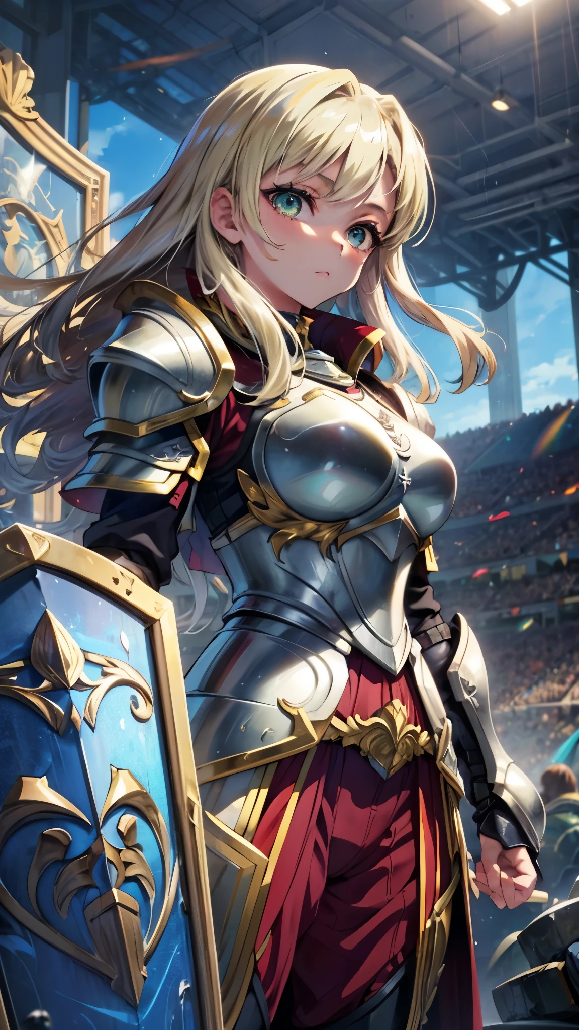 Anime girl in heavy armor, Beautiful blonde hair, Beautiful emerald eyes, Long hair, waist-length hair, Black underwear, Medium breasts, ((Five-fingered hands)), fantasy, Outdoors, sports arena, cavalier, Holding, holding shield, (((************))), Solo, Girl, Girl, ((Full armor)), ((Heavy armor))