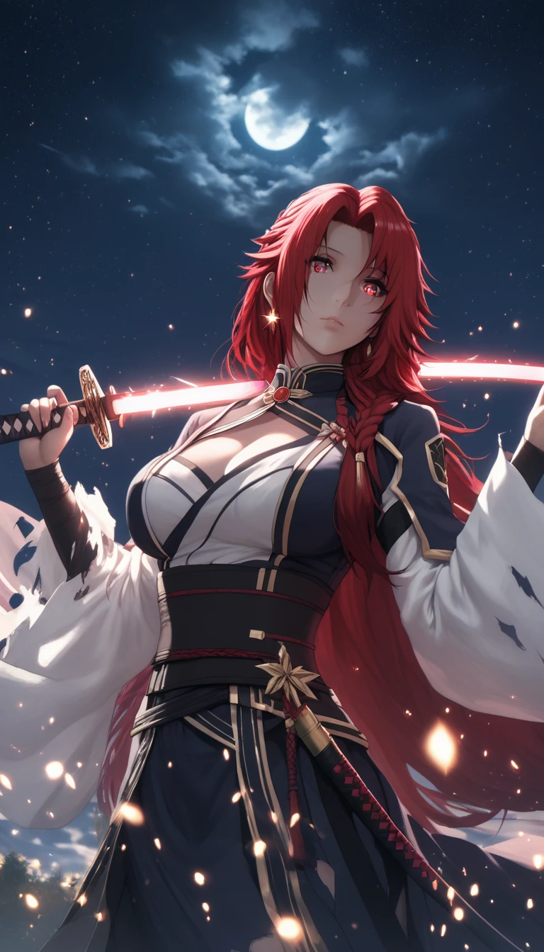 (hero neisan art style:0.7), (harayutaka art style:0.7), score_9, score_8_up, score_7_up, score_6_up, uncensored, Iris Midgar, red hair, long hair, braid, red eyes, BREAK (masterpiece:1.2), best quality, high resolution, (detailed eyes:1.3), perfect lighting, (perfect hands, perfect anatomy), large breasts, night, sword, 1girl, katana, night_sky, solo, japanese_clothes, sky, cleavage, wide_sleeves, sheath, earrings, star_(sky), over_shoulder, looking_at_viewer, detached_sleeves, moonlight, outdoors, shaded face, looking down, expressionless, lips, torn clothes, burn scar, glowing sword, bokeh, shimmering light, sparkle,