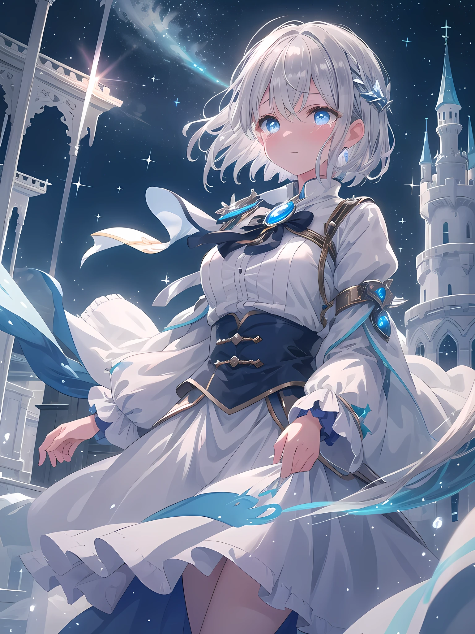 ((8k, best quality, master piece: 1.3)),super high resolution,(1 girl, solo), (colorshift eyes, hyperdetailed, expressive sparkling, glitter, glowing eyes), ultra detailed eyes, ultra-detailed face, random hair, ((silver gray color)),On the terrace of the castle in the sky, a silver-haired sky pirate girl is wearing a sky pirate outfit embroidered with white and blue, with a floating castle and blue sky in the background. The outfit is made of a lightweight material for flying, allowing for freedom of movement. She waves her hands and holds back tears, a silver wing brooch sparkling on her chest. Magical light surrounds her, softly illuminating the floating castle. Her short silver hair sways in the wind, and her translucent skin is beautiful in the sunlight. Her eyes are deep blue, and tears are rolling down her cheeks. Her sad gaze as she says goodbye to her friend is heartbreaking, and her portrayal harmonizes with the sky castle in the background.