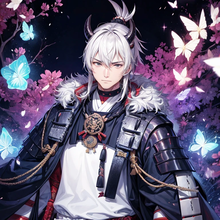 man in samurai armor with fur around the neck and waist, Wearing a devil's helmet, Dusty ornaments, Tired of fighting, Man Warrior, armor, amazing, Facial blemishes, DND Character Portrait, Complex, 8k resolution, Dynamic Lighting, Ultra-detailed, Unreal 5, Volumetric lighting, Alphonse Mucha, Pre-Raphaelites, Detailed Background, Mandala, Detailed face, Detailed eyes, neon eyes