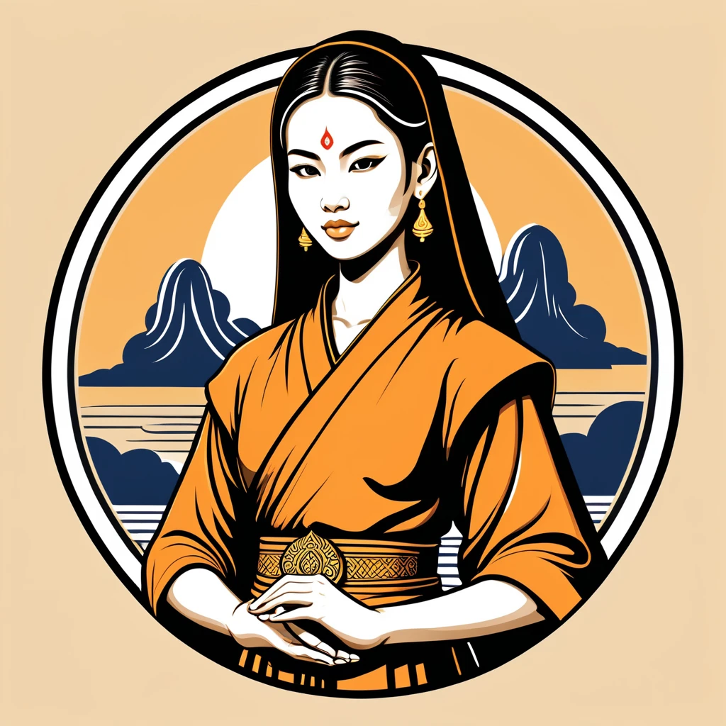 female monk in thai folk outfit ,vector graphics, strong contours, logo design