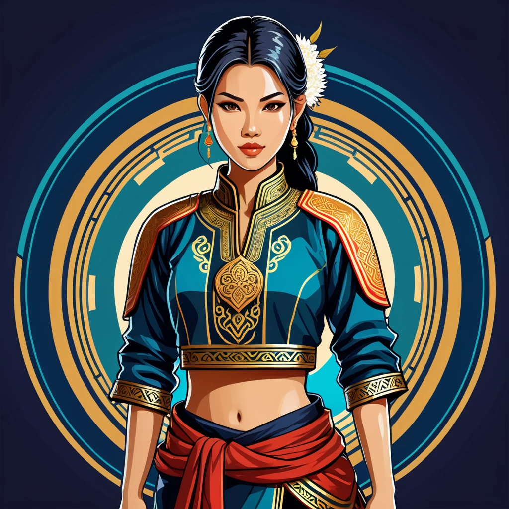 female netrunner in thai folk outfit ,vector graphics, strong contours, logo design