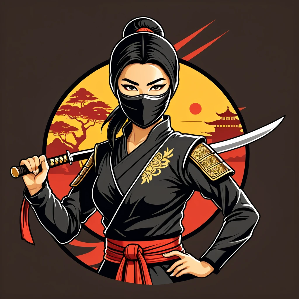 female	ninja	in thai folk outfit	,vector graphics, strong contours, logo design																						