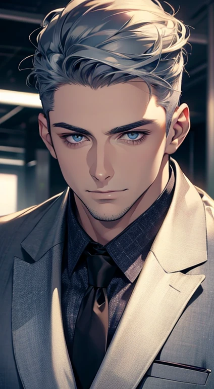 (best quality,4k,8k,highres,masterpiece:1.2),ultra-detailed,(realistic,photorealistic,photo-realistic:1.37),1 man,31 years old,mature man,very handsome,without expression,smile,short grey blue hair,blue eyes,penetrating gaze,perfect face without errors,imposing posture,businessman,office background,cinematic lighting,hdr image