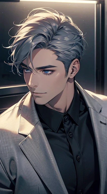 (best quality,4k,8k,highres,masterpiece:1.2),ultra-detailed,(realistic,photorealistic,photo-realistic:1.37),1 man,31 years old,mature man,very handsome,without expression,smile,short grey blue hair,blue eyes,penetrating gaze,perfect face without errors,imposing posture,businessman,office background,cinematic lighting,hdr image