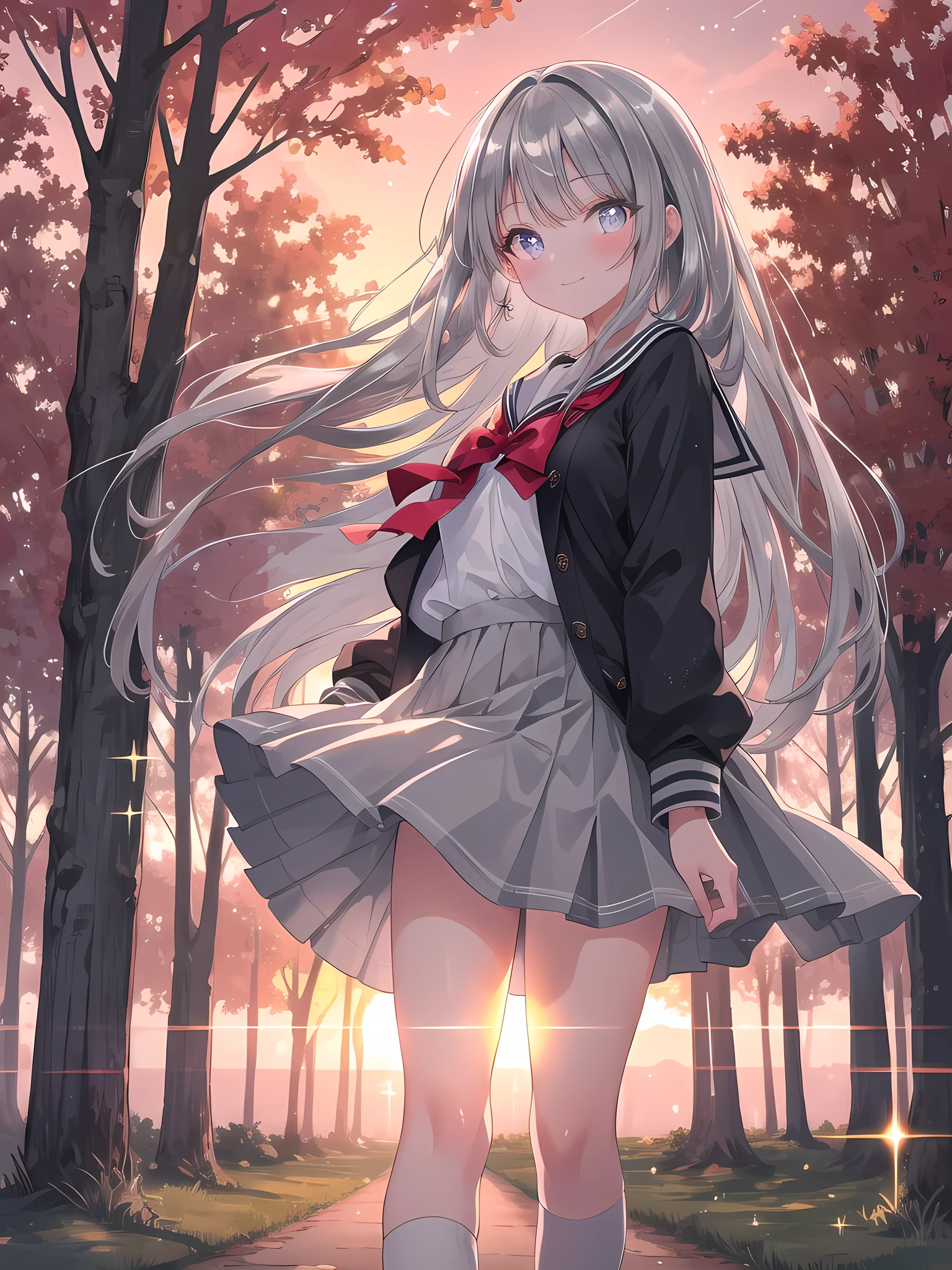 ((8k, best quality, master piece: 1.3)),super high resolution,(1 girl, solo), (colorshift eyes, hyperdetailed, expressive sparkling, glitter, glowing eyes), ultra detailed eyes, ultra-detailed face, random hair, ((silver gray color)),Draw a scene of a high school girl in a sailor uniform smiling seductively in the schoolyard as the light of the sunset shines in. There is light reflected in the background, and her hair is blowing in the wind. She is standing in a natural pose, with the surrounding trees lit by the setting sun. The overall color tone is soft, emphasizing the warmth of the sunset.