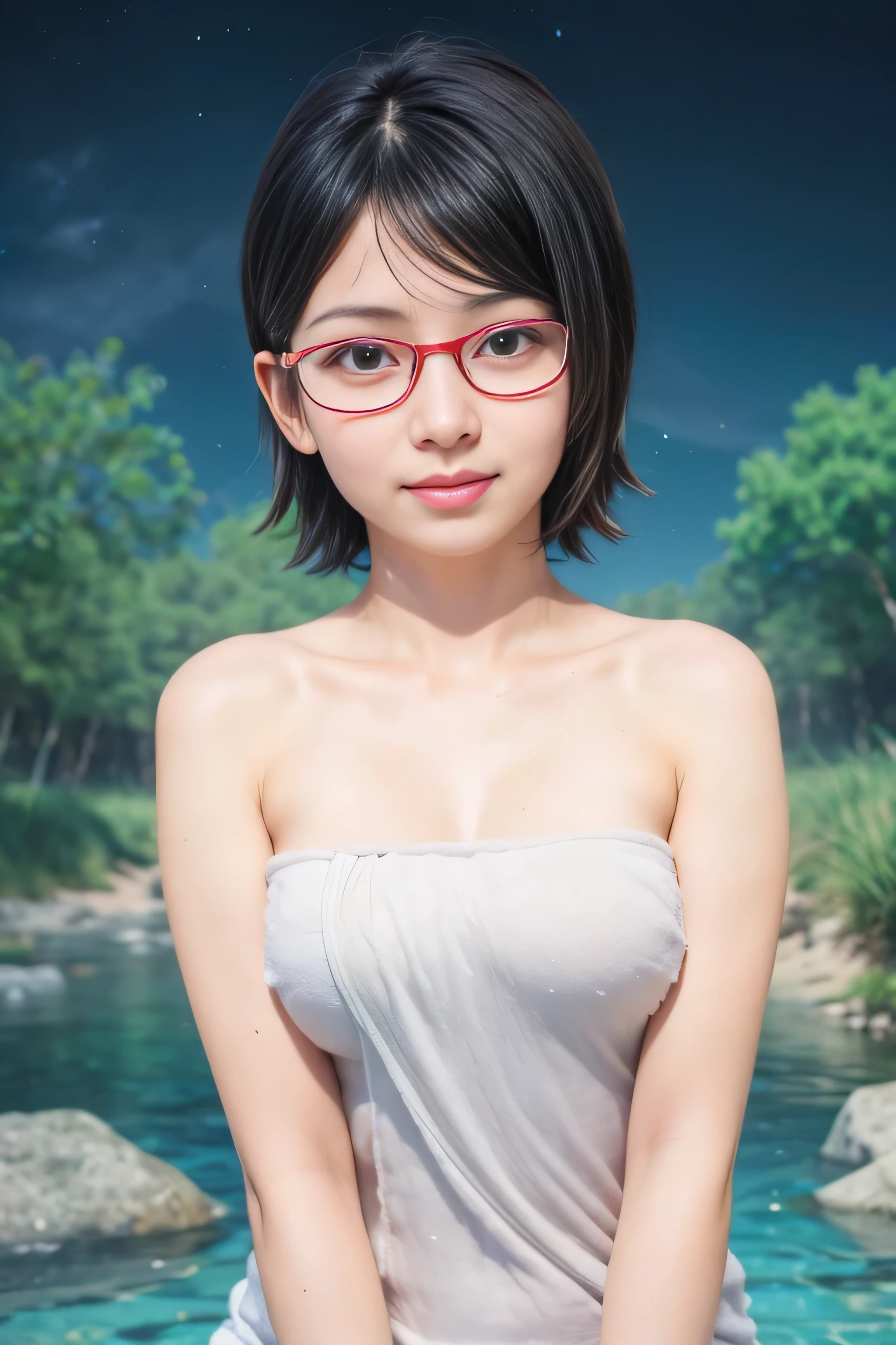 masterpiece, best quality, (realistic,photo-realistic:1.4), (RAW photo:1.2), extremely detailed CG unity 8k wallpaper, delicate and beautiful, amazing,finely detail, official art, absurdres, incredibly absurdres, huge filesize, ultra-detailed,extremely detailed eyes and face,light on face,(little smile),(wearing red framed glasses:1.4),sarada,(black hair:1.4),short hair,(wearing towel:1.4),(nature background:1.4),night